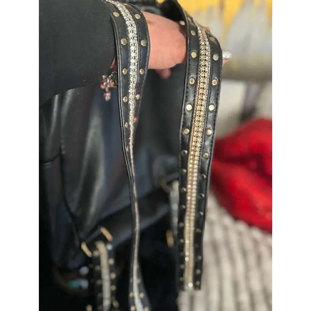 Rhinestone strap rivet studded black vegan leather backpack